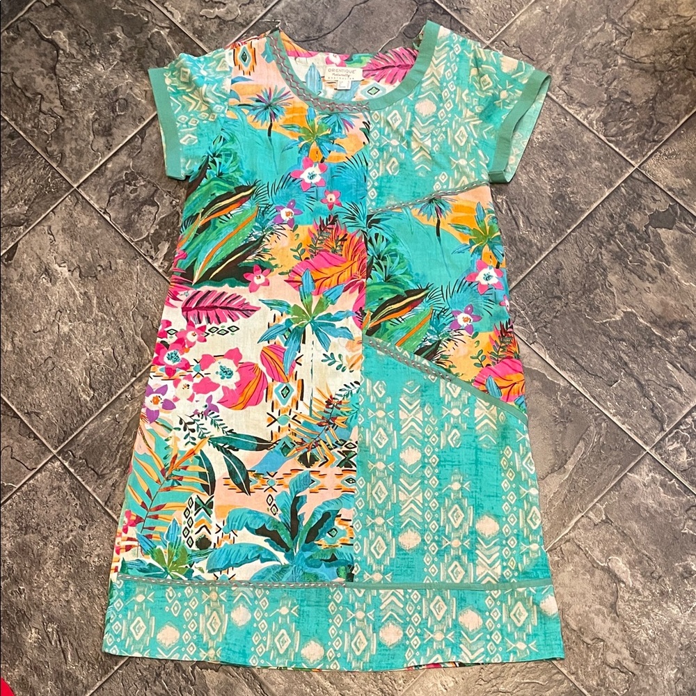 ORIENTIQUE Linen-blend Tropical Print Women’s Dress Beach Coastal Grandma Fun